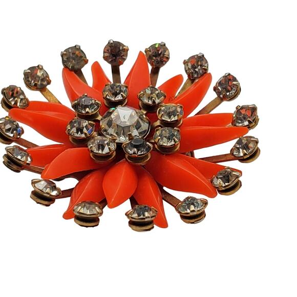 Orange Plastic Brooch Rhinestone Sunburst Pin Star Petal Flower Vintage 1960s - Picture 2 of 4